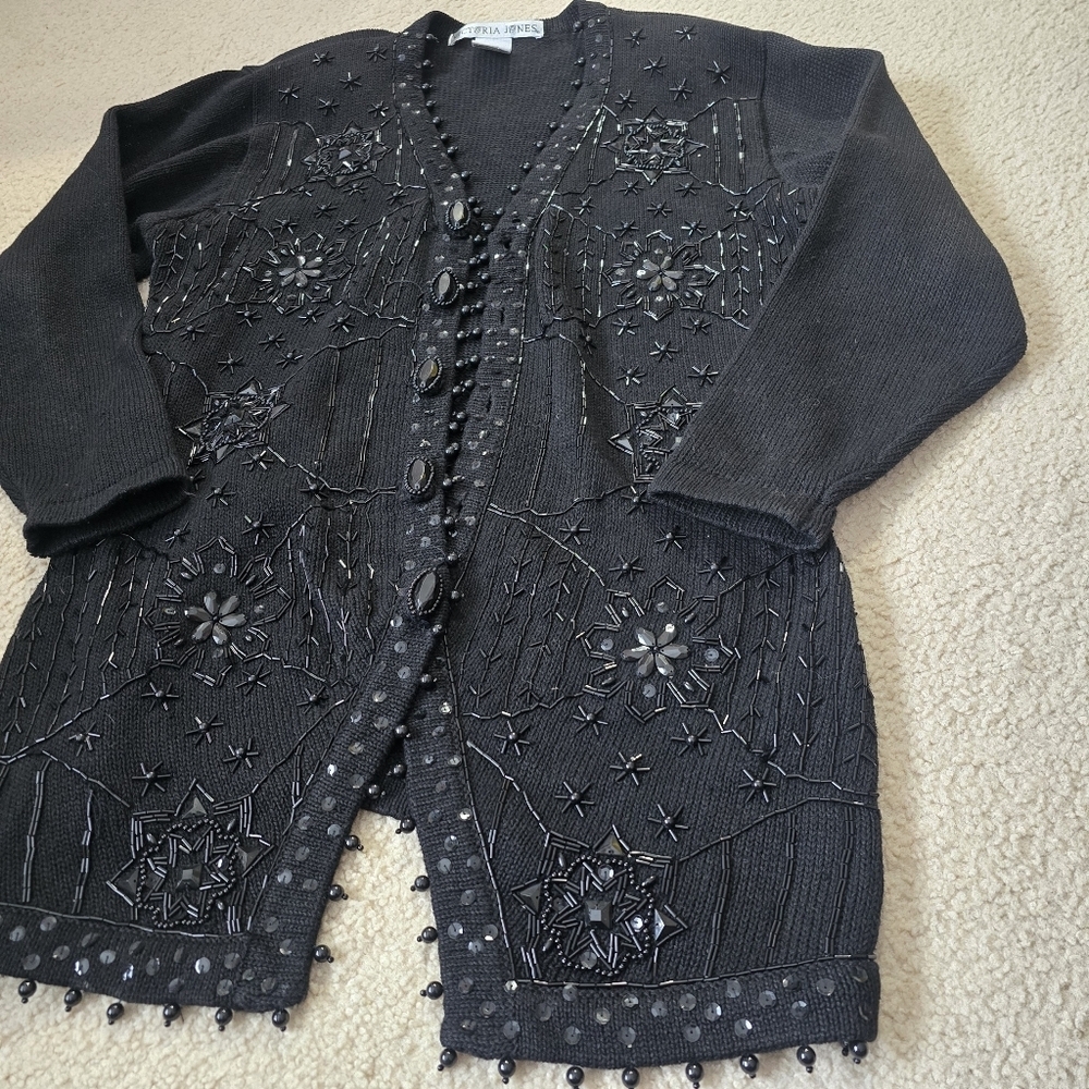 49. Vintage Victoria Jones Black Beaded Cardigan Jacket – Size Medium Large